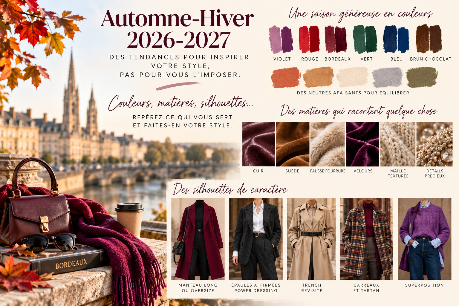 Infographie des tendances mode automne-hiver 2026-2027 à Bordeaux : couleurs (violet, rouge, bordeaux, vert, bleu, brun chocolat), matières et silhouettes