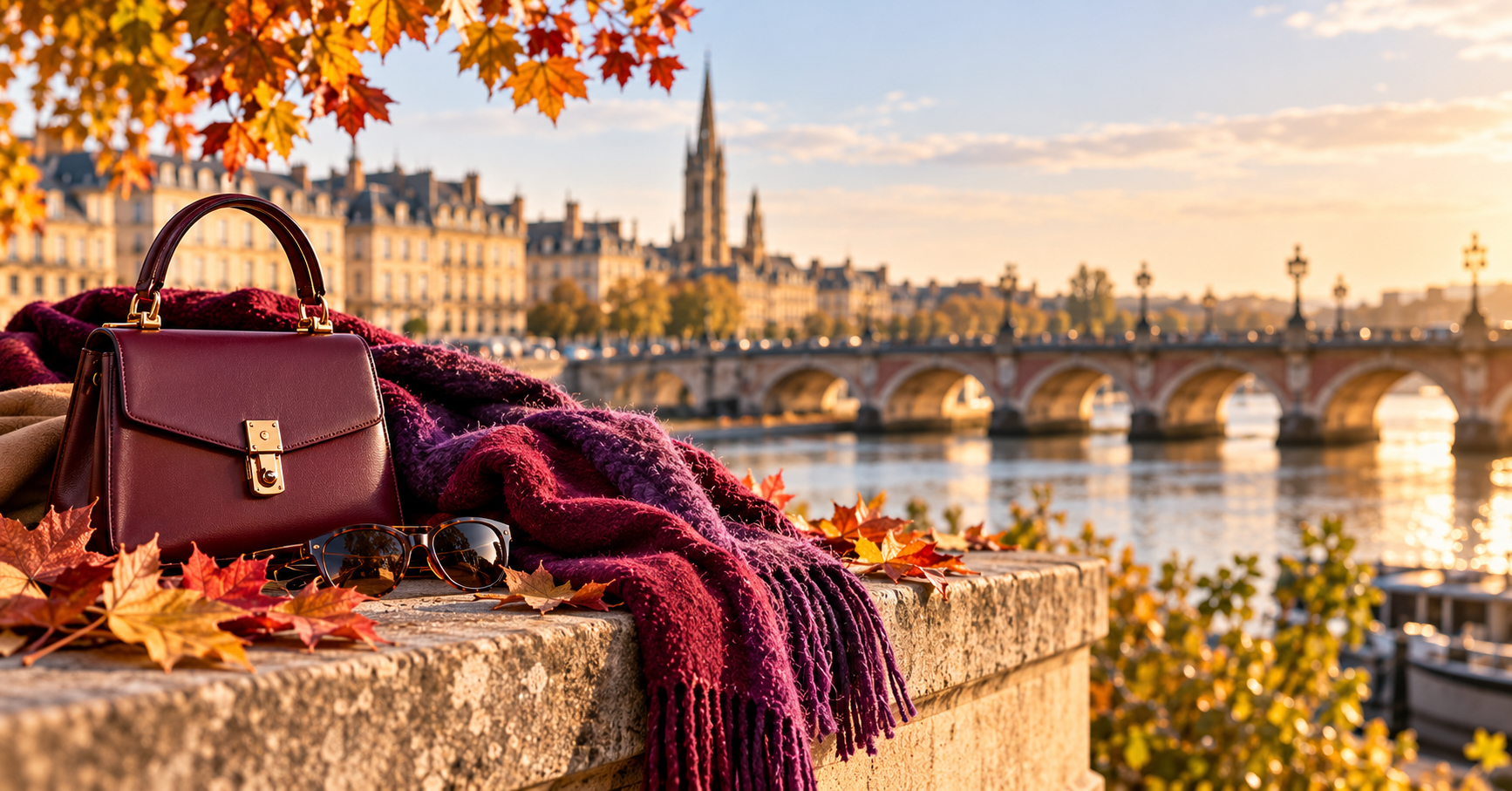 Accessoires d'automne bordeaux sur les quais de Bordeaux, conseillère en image